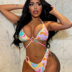 Colorful Print High Cut Halter Triangle Brazilian Two Piece Bikini