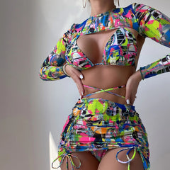 Colorful Printed Wrap Slide Triangle Brazilian Four Piece Bikini