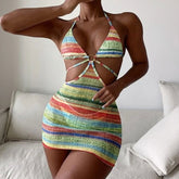 Colorful Sheer Striped Print Cut Out Halter High Cut Brazilian Two Piece Bikini
