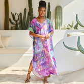 Colorful Tie Dye Print V Neck Short Sleeve Brazilian Caftan Cover Up Maxi Dress