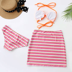 Contrast Color Stripe Print Slide Triangle Brazilian Three Piece Bikini
