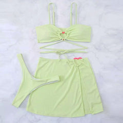 Contrast Ribbed Sarong Heart Trim Brazilian Three Piece Bikini