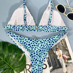 Contrasting Dotted Print High Cut Triangle Brazilian Two Piece Bikini
