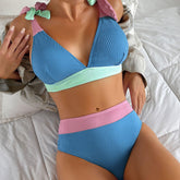 Cute Contrast Block V Neck Tie Strap Brazilian Two Piece Bikini
