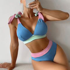 Cute Contrast Block V Neck Tie Strap Brazilian Two Piece Bikini
