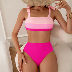 Cute Contrast Moderate High Waist Tie Shoulder Brazilian Two Piece Bikini
