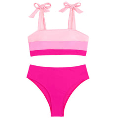Cute Contrast Moderate High Waist Tie Shoulder Brazilian Two Piece Bikini