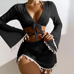 Cute Fringe Wrap String Slide Triangle Brazilian Four Piece Bikini