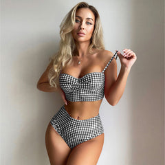 Cute Gingham High Waist Twist Ruched Bralette Brazilian Two Piece Bikini