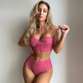 Cute Gingham High Waist Twist Ruched Bralette Brazilian Two Piece Bikini