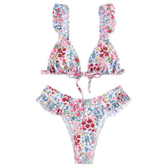 Cute Ruffle Bow Tie Front Ditsy Floral Triangle Brazilian Two Piece Bikini