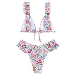 Cute Ruffle Bow Tie Front Ditsy Floral Triangle Brazilian Two Piece Bikini