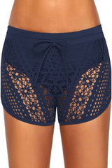 Tied Front Hollow Out Lace Overlay Boyshort Bikini Bottom