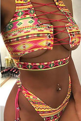 Pink Yellow Strappy Tribal Print Side Tie High Cut Cheeky Two Piece Swimsuit