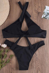 Chic High Leg Cross Front Halter Bikini - Two Piece Set