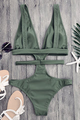 Army Green Cutout Plunging Neck Bandage Cheeky Monokini Swimwear