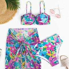 Daring Floral Print High Waist Ruffle Underwire Brazilian Three Piece Bikini