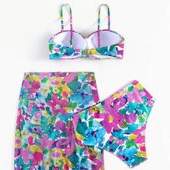 Daring Floral Print High Waist Ruffle Underwire Brazilian Three Piece Bikini