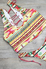Pink Yellow Strappy Tribal Print Side Tie High Cut Cheeky Two Piece Swimsuit