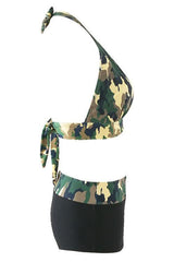 Black Camo Print Halter High Waisted Boyshort Two Piece Swimsuit
