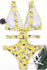 Yellow Cutout Plunging Floral Print Bandage Cheeky Monokini Swimwear