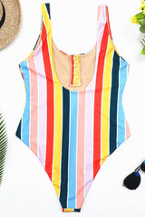 High Leg Rainbow Striped One Piece Swimsuit