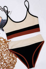 Contrast High Waist Ribbed Bralette Bikini - Two Piece Set
