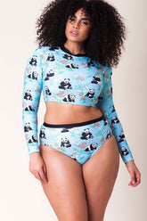 Plus Size Panda High Waist Sleeved Crop Bikini - Two Piece Set