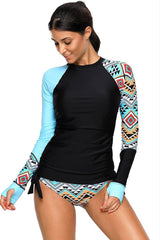 Ethnic Color Block Long Sleeve Rash Guard Tankini Swimsuit - Two Piece Set