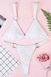 White Ribbed Metal Ring Triangle Bikini