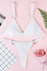 White Ribbed Metal Ring Triangle Bikini