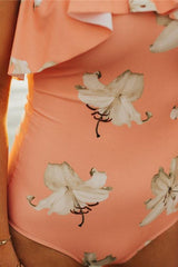 Pink Floral Print Off Shoulder Ruffle Straps Cute One Piece Swimsuit