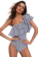 Cutout Back High Cut Striped Ruffle One Shoulder One Piece Swimsuit