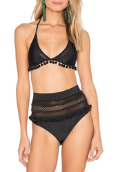 Pompon High Waisted Splicing Mesh Bikini - Two Piece Set