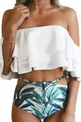 Layered Ruffle Off Shoulder High Waist Bikini - Two Piece Set