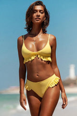 Ruffle V Neck Triangle Bikini - Two Piece Set