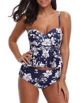 Royal Blue Floral Print Halter Peplum Tankini Set