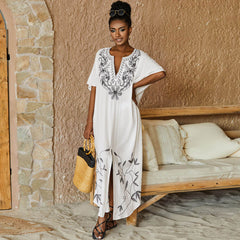 Ethnic Floral Embroidered Short Sleeve Brazilian Caftan Cover Up Midi Dress