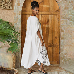 Ethnic Floral Embroidered Short Sleeve Brazilian Caftan Cover Up Midi Dress