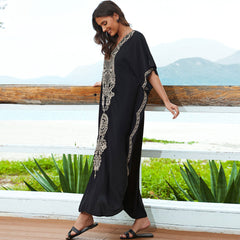 Exotic Contrast Eagle Printed Lace Up V Neck Side Split Caftan Beach Cover Up