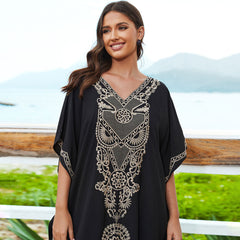 Exotic Contrast Eagle Printed Lace Up V Neck Side Split Caftan Beach Cover Up