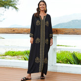 Exotic Floral Contrast Embroidered V Neck 3/4 Sleeve Caftan Beach Cover Up
