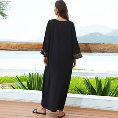 Exotic Floral Contrast Embroidered V Neck 3/4 Sleeve Caftan Beach Cover Up