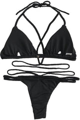 Black Halter Triangle Braided Strappy Cheeky Bikini