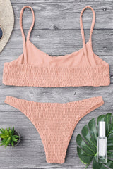 Pink Smocked Scoop Neck High Cut Cheeky Two Piece Brazilian Bikini