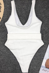Elegant Ribbed High Leg Belted Deep V One Piece Swimsuit