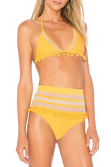 Pompon High Waisted Splicing Mesh Bikini - Two Piece Set