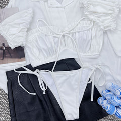 Fabulous Ribbed Ruffle Tie String Bralette Brazilian Two Piece Bikini