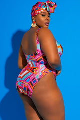 Plus Size Geometric Printed High Leg One Piece Swimsuit