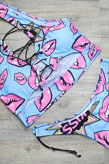 Pink Blue Strappy Lip Print Side Tie High Cut Cheeky Two Piece Swimsuit